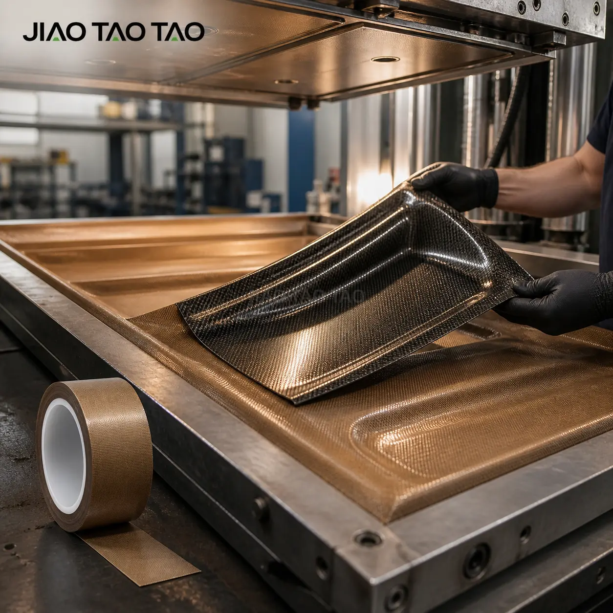 PTFE coated fiberglass tape used as hot press platen lining and release surface in plastic processing.